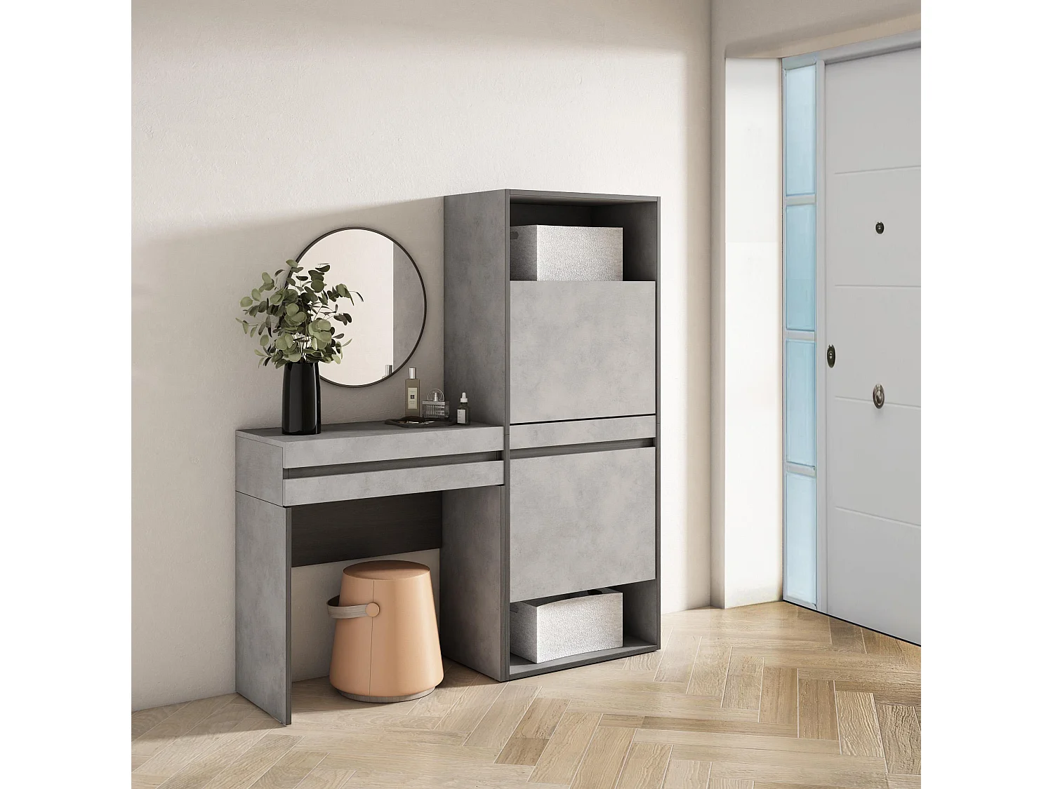 Table Console d'Entrée, 130x35x145 cm, Avec tiroir, Meuble à Chaussures, Ciment