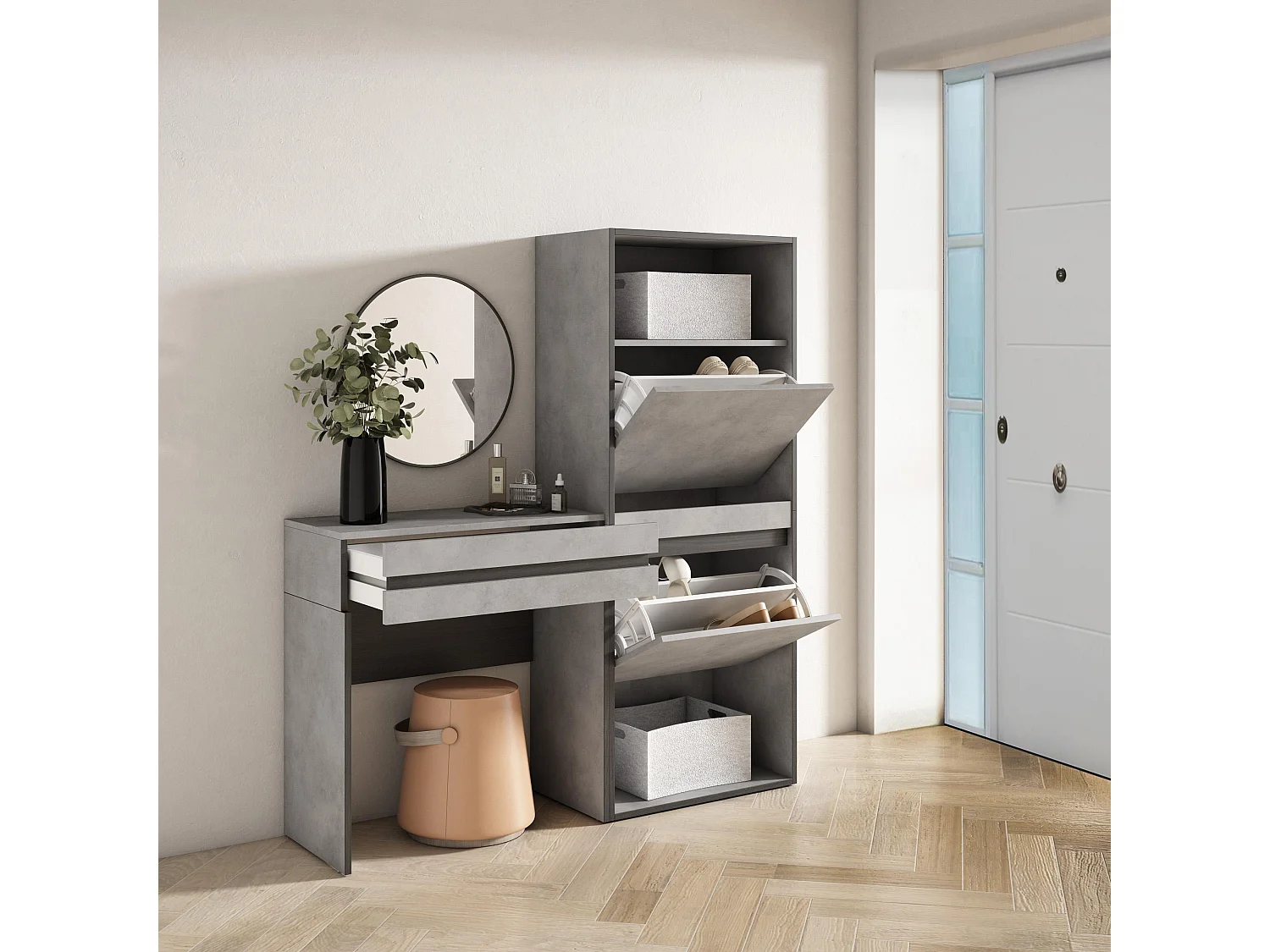 Table Console d'Entrée, 130x35x145 cm, Avec tiroir, Meuble à Chaussures, Ciment