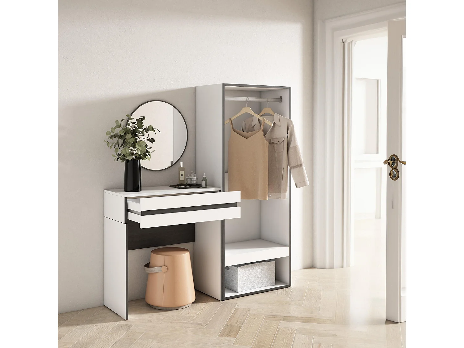 Consolle Ingresso, 130x35x145cm, Con cassetto, Armadio Aperto, Bianco