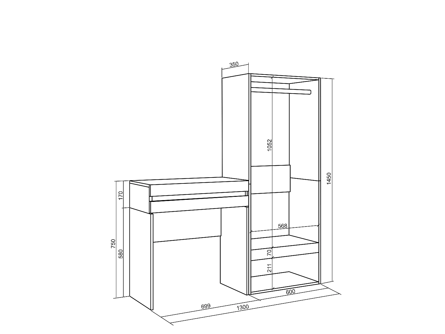 Consolle Ingresso, 130x35x145cm, Con cassetto, Armadio Aperto, Bianco