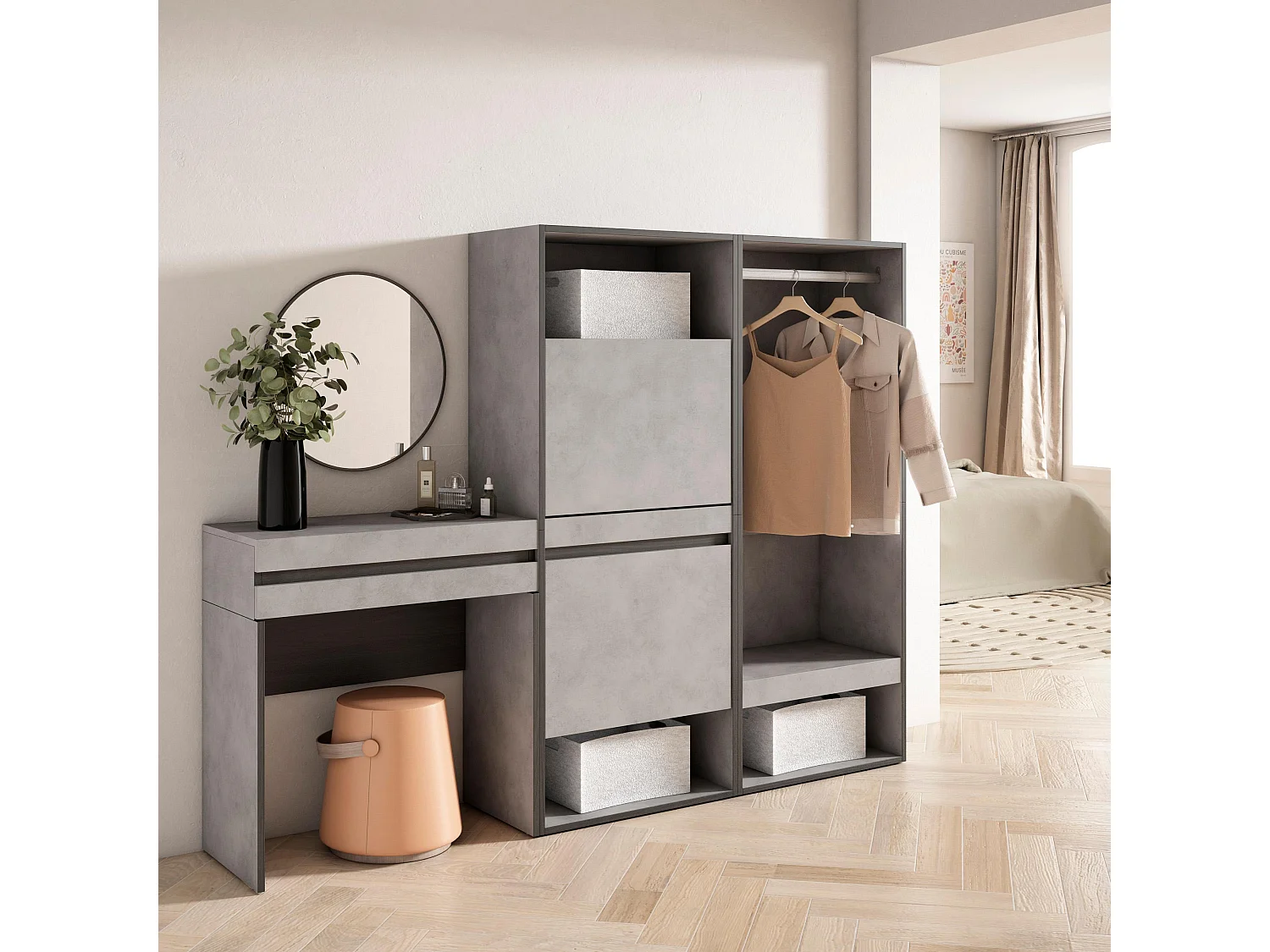 Mesa consola de entrada, 190x35x145cm, Com gaveta, Sapateira, Roupeiro aberto, Cimento