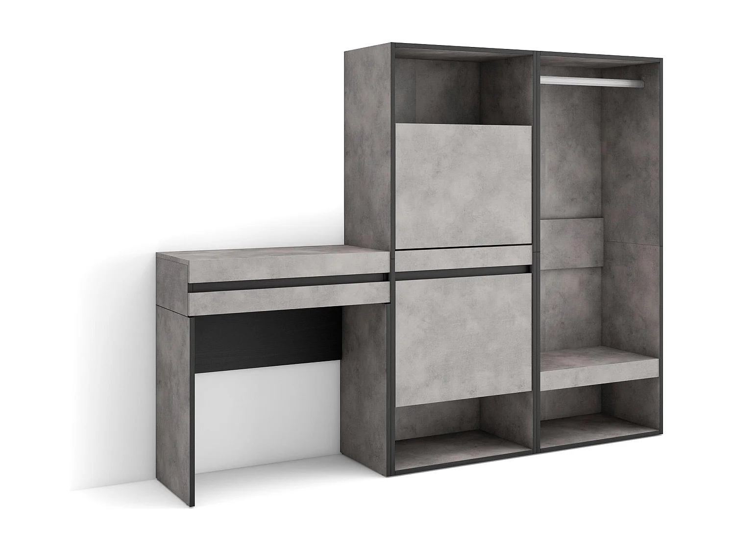 Mesa consola de entrada, 190x35x145cm, Com gaveta, Sapateira, Roupeiro aberto, Cimento