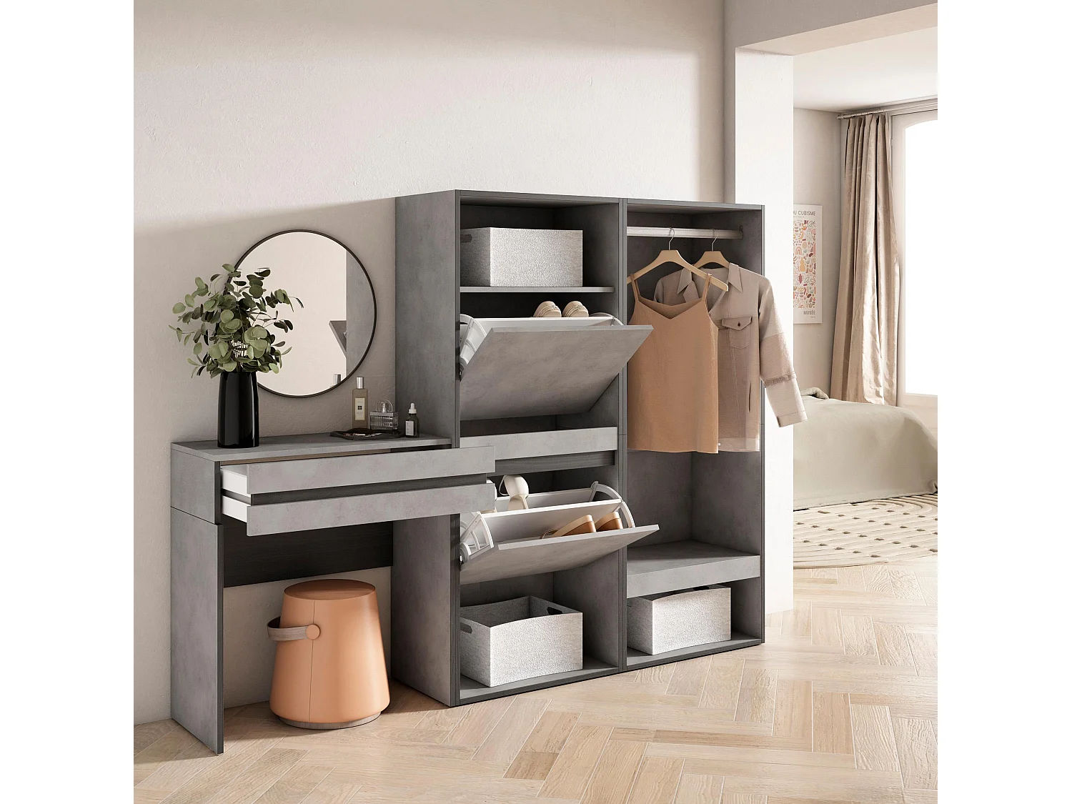 Consoletafel, haltafel, 190x35x145cm, Voor hal en entree, Schoenenkast, Open Kledingkast, Cement