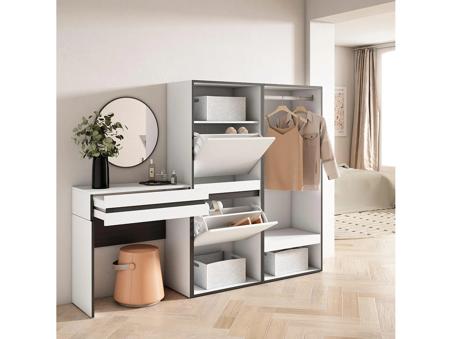 Table Console d'Entrée, 190x35x145 cm, Avec tiroir, Meuble à Chaussures, Vestiaire ouvert, Blanc