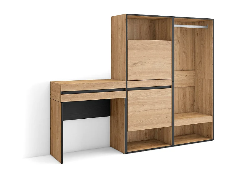 Konsolentisch, Flurtisch, 190x35x145cm, mit Schublade, Schuhschrank, Offener Kleiderschrank, Eiche