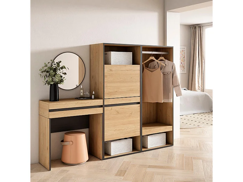 Konsolentisch, Flurtisch, 190x35x145cm, mit Schublade, Schuhschrank, Offener Kleiderschrank, Eiche