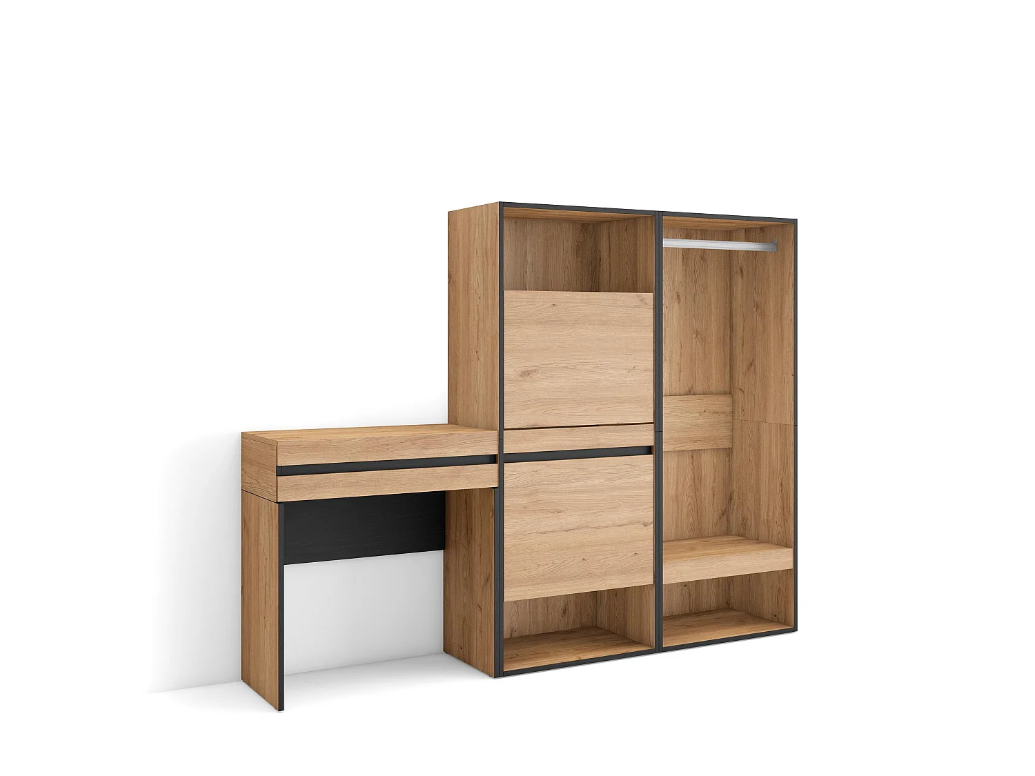 Konsolentisch, Flurtisch, 190x35x145cm, mit Schublade, Schuhschrank, Offener Kleiderschrank, Eiche