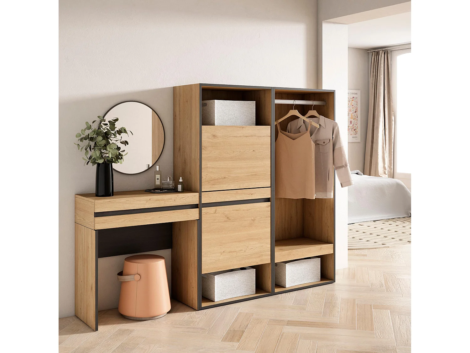 Konsolentisch, Flurtisch, 190x35x145cm, mit Schublade, Schuhschrank, Offener Kleiderschrank, Eiche