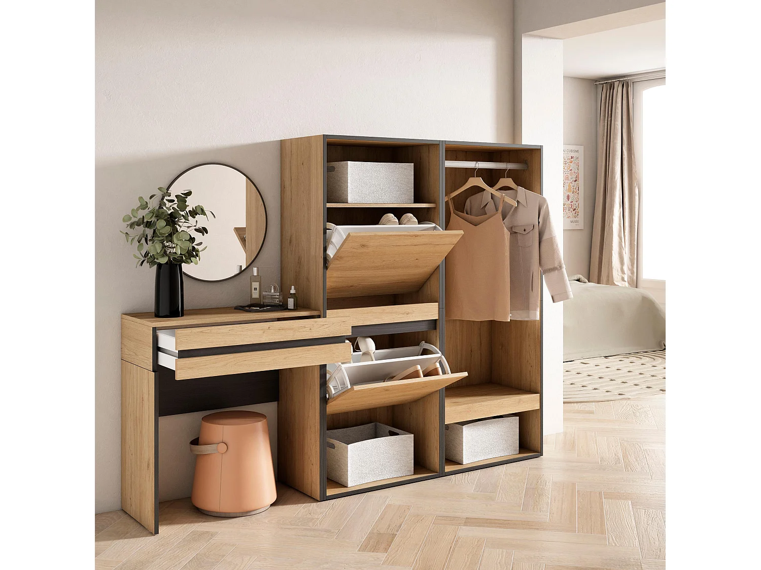 Konsolentisch, Flurtisch, 190x35x145cm, mit Schublade, Schuhschrank, Offener Kleiderschrank, Eiche