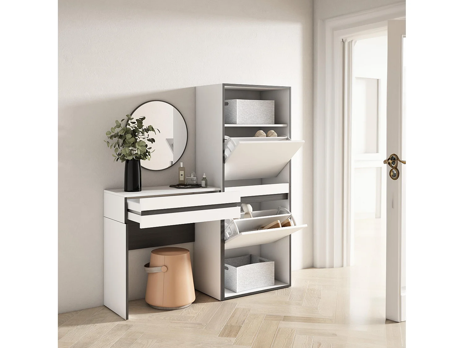 Table Console d'Entrée, 130x35x145 cm, Avec tiroir, Meuble à Chaussures, Blanc