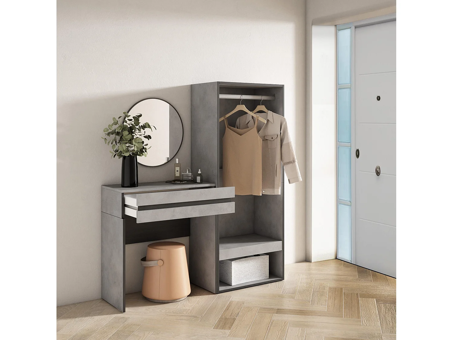 Table Console d'Entrée, 130x35x145 cm, Avec tiroir, Vestiaire ouvert, Ciment