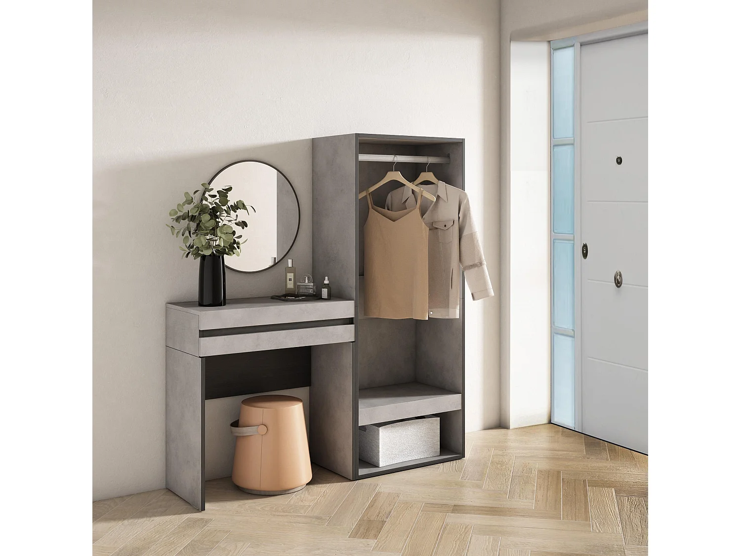 Konsolentisch, Flurtisch, 130x35x145cm, mit Schublade, Offener Kleiderschrank, Zement