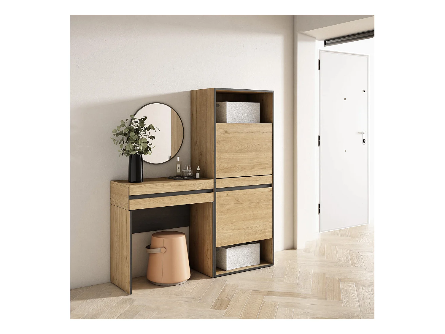 Konsolentisch, Flurtisch, 130x35x145cm, mit Schublade, Schuhschrank, Eiche