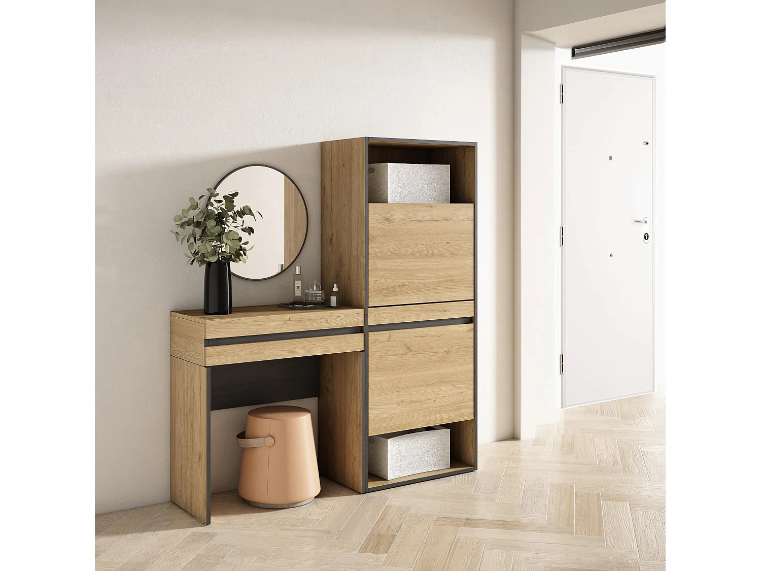 Consoletafel, haltafel, 130x35x145cm, Voor hal en entree, Schoenenkast, Eiken