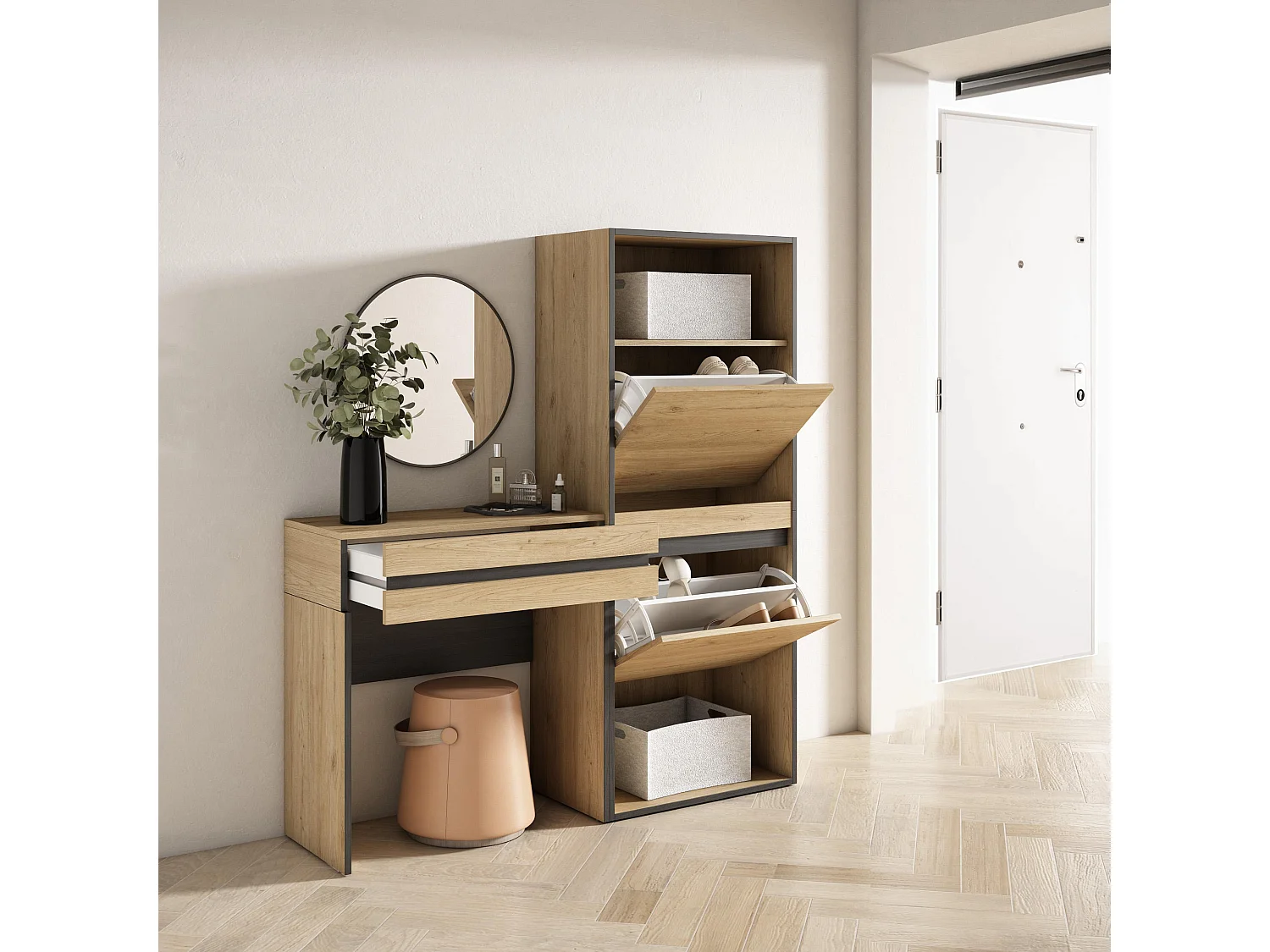 Consoletafel, haltafel, 130x35x145cm, Voor hal en entree, Schoenenkast, Eiken