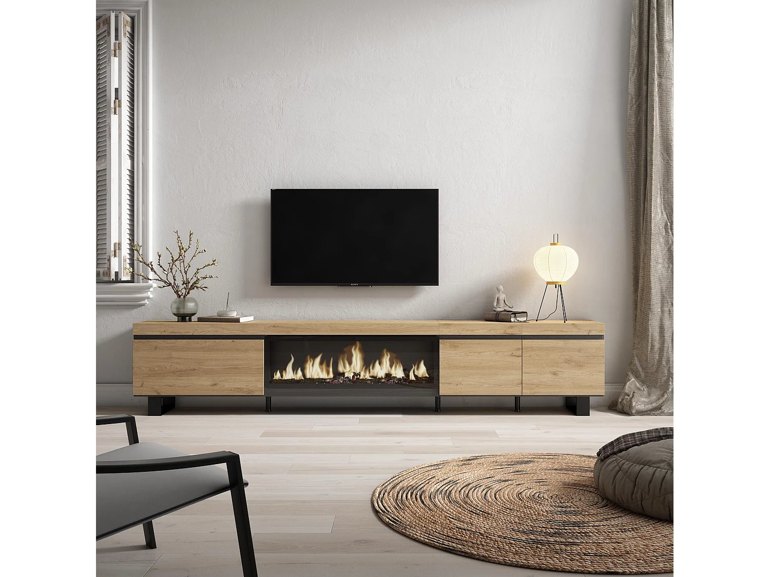 Meuble TV, Banc Télé, 288x35x57 cm, TV grand format, Cheminée électrique XXL, Design industriel, Chêne