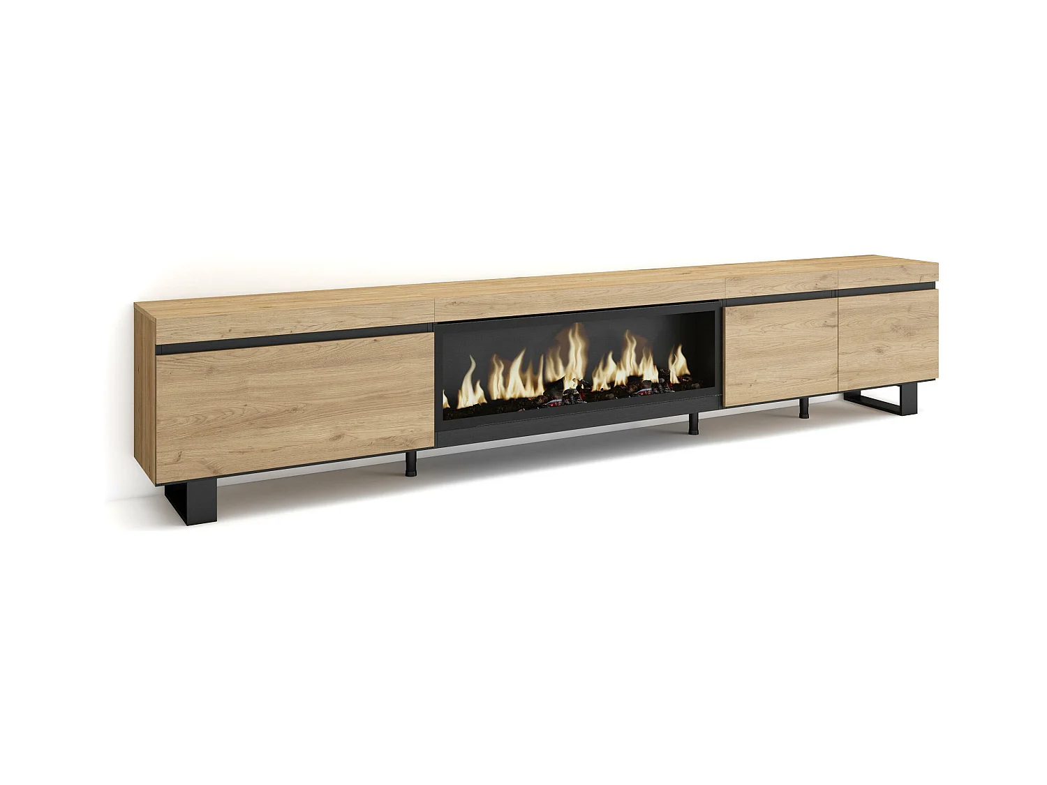 Meuble TV, Banc Télé, 288x35x57 cm, TV grand format, Cheminée électrique XXL, Design industriel, Chêne