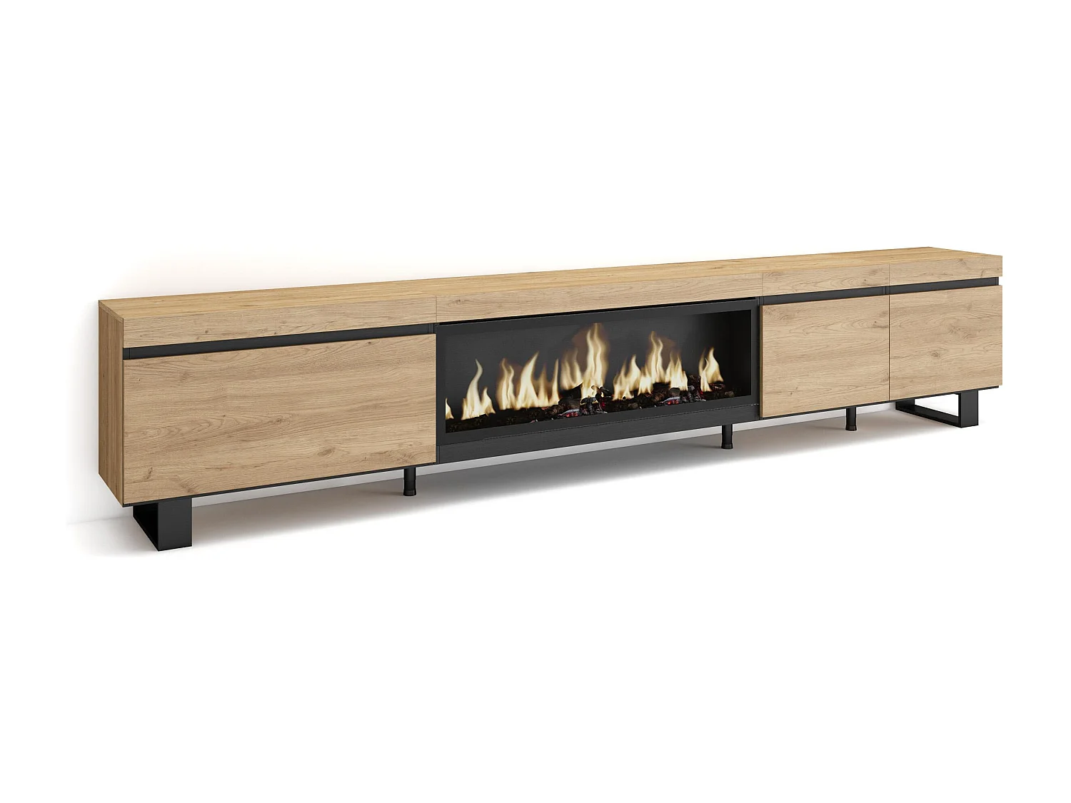 TV-Meubel, Lowboard, 288x35x57cm, Groot formaat TV, Elektrische haard XXL, Industrieel design, Eiken