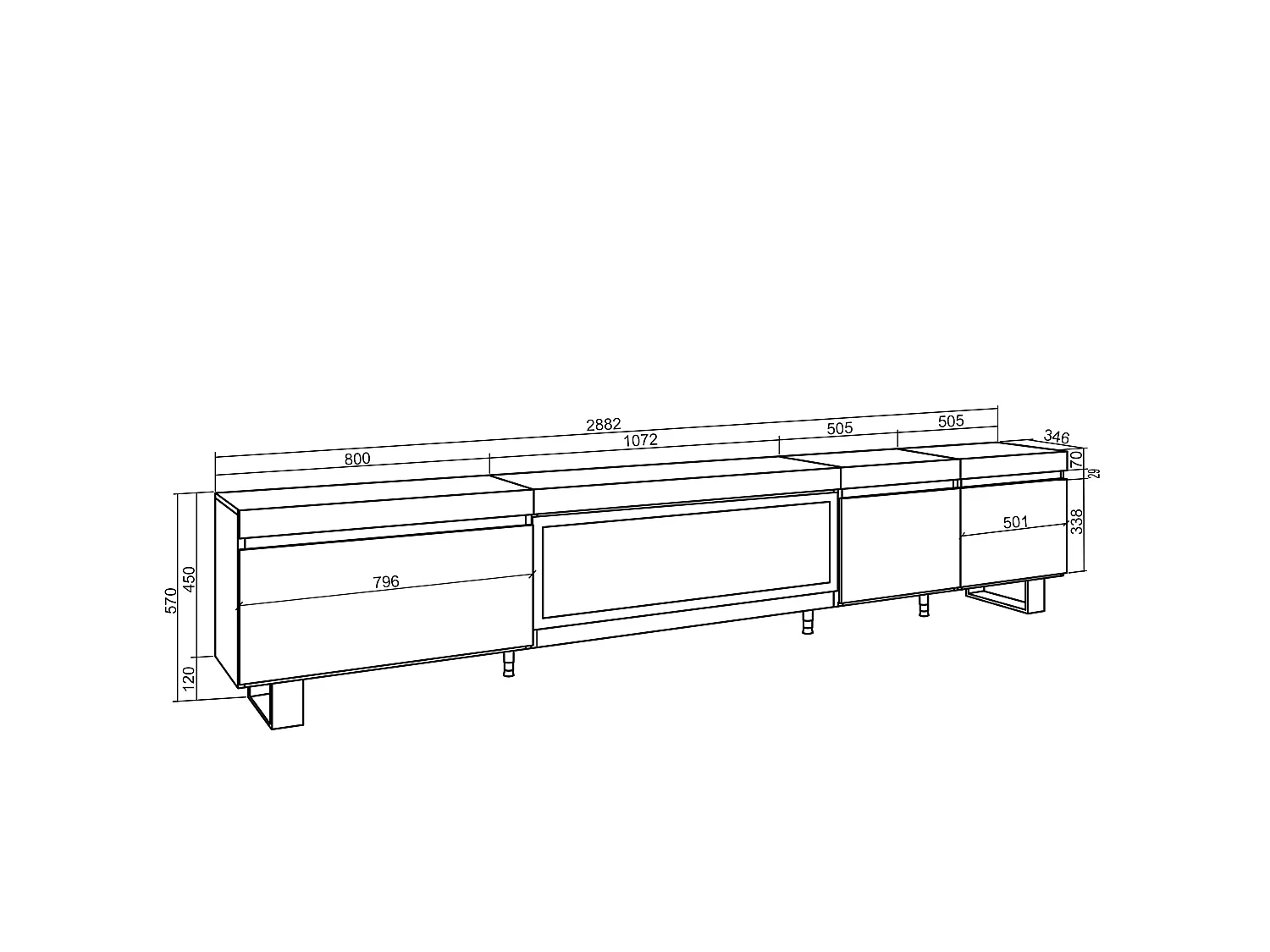 TV-Meubel, Lowboard, 288x35x57cm, Groot formaat TV, Elektrische haard XXL, Industrieel design, Eiken