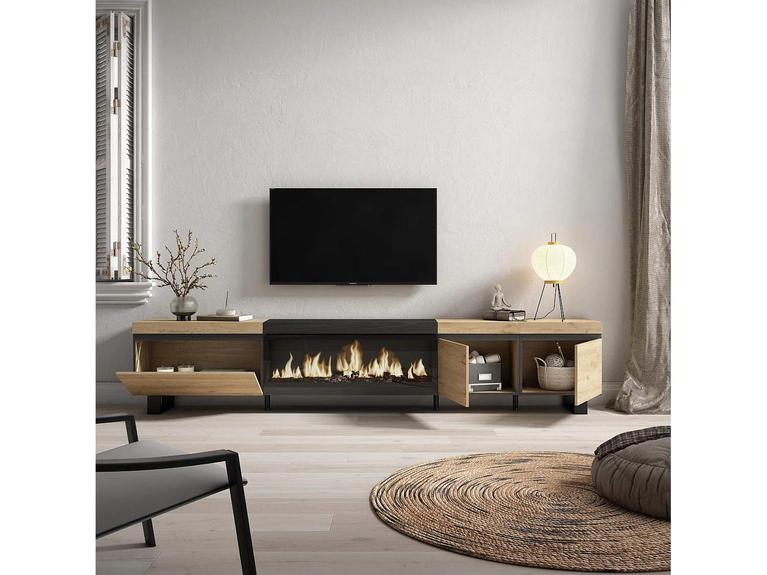 TV-Meubel, Lowboard, 288x35x57cm, Groot formaat TV, Elektrische haard XXL, Industrieel design, Eiken/Zwart