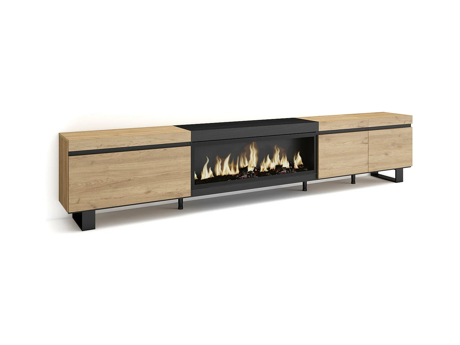 Meuble TV, Banc Télé, 288x35x57 cm, TV grand format, Cheminée électrique XXL, Design industriel, Chêne et noir