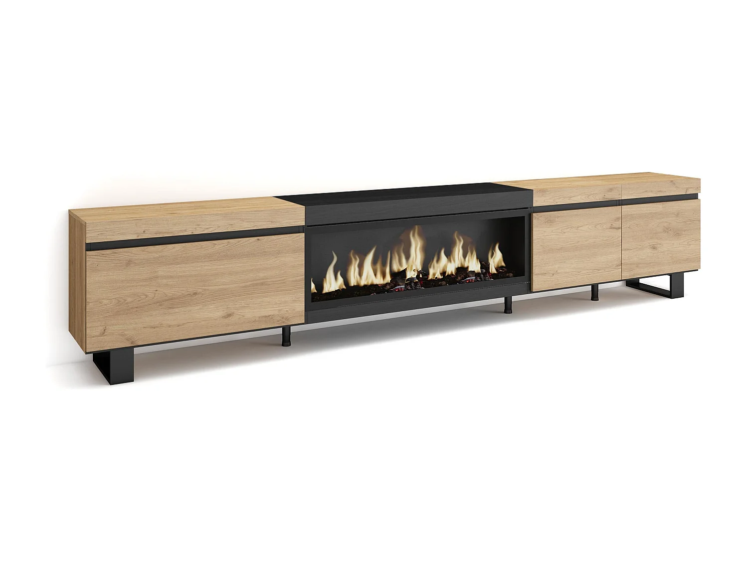 TV-Meubel, Lowboard, 288x35x57cm, Groot formaat TV, Elektrische haard XXL, Industrieel design, Eiken/Zwart