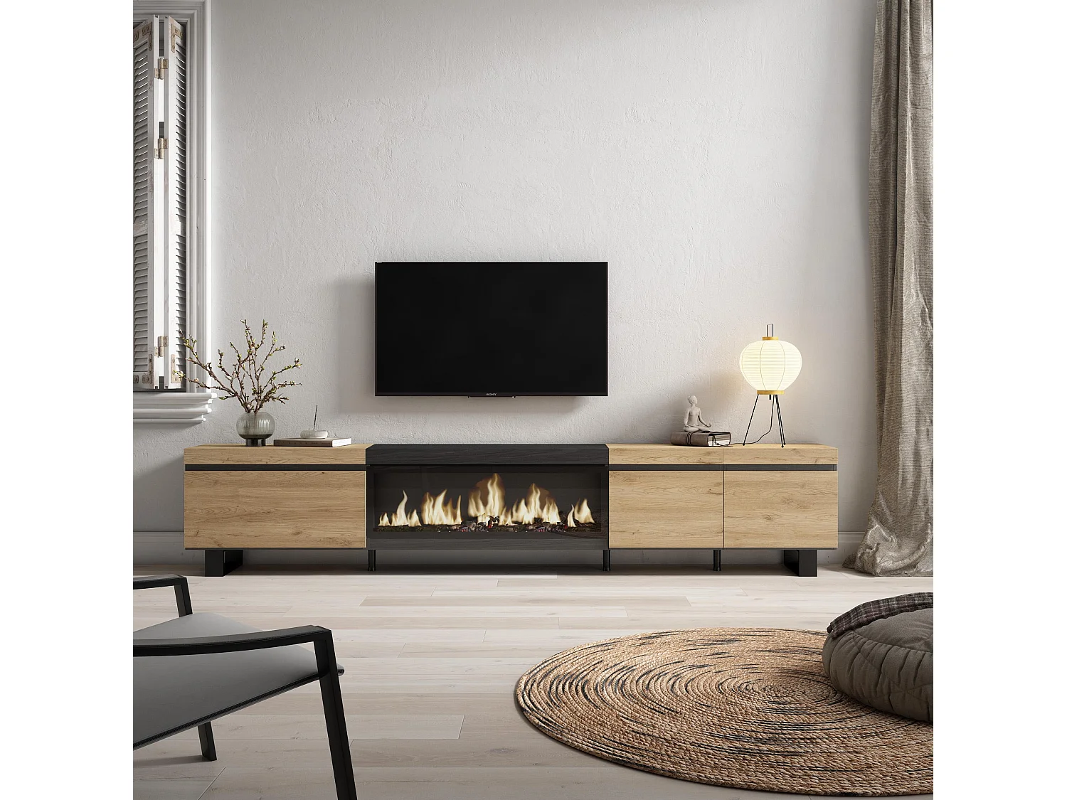 TV-Meubel, Lowboard, 288x35x57cm, Groot formaat TV, Elektrische haard XXL, Industrieel design, Eiken/Zwart
