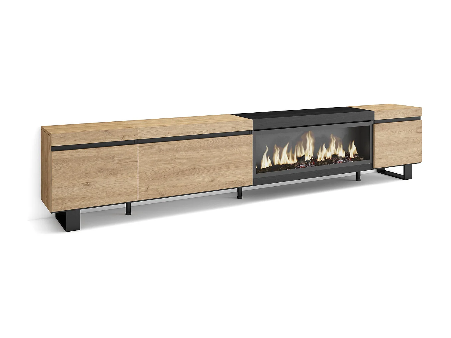 Meuble TV, Banc Télé, 288x35x57 cm, TV grand format, Cheminée électrique XXL, Design industriel, Chêne et noir