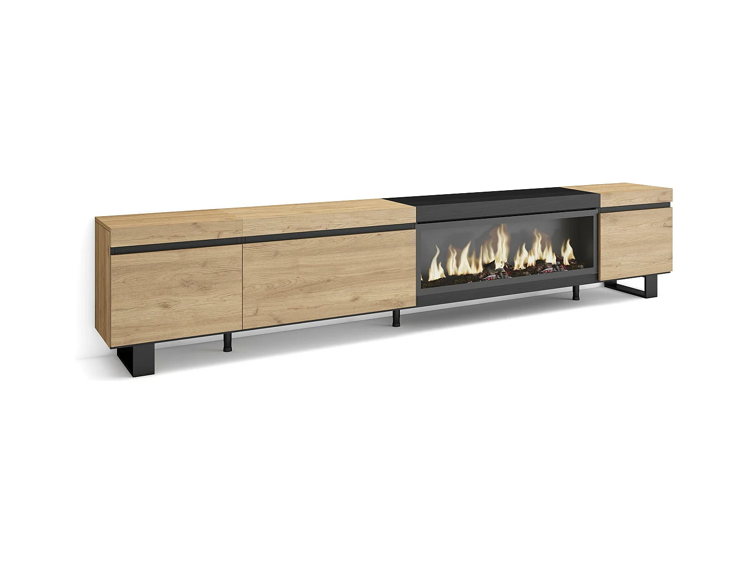 Meuble TV, Banc Télé, 288x35x57 cm, TV grand format, Cheminée électrique XXL, Design industriel, Chêne et noir