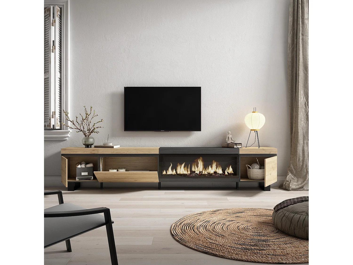 Meuble TV, Banc Télé, 288x35x57 cm, TV grand format, Cheminée électrique XXL, Design industriel, Chêne et noir