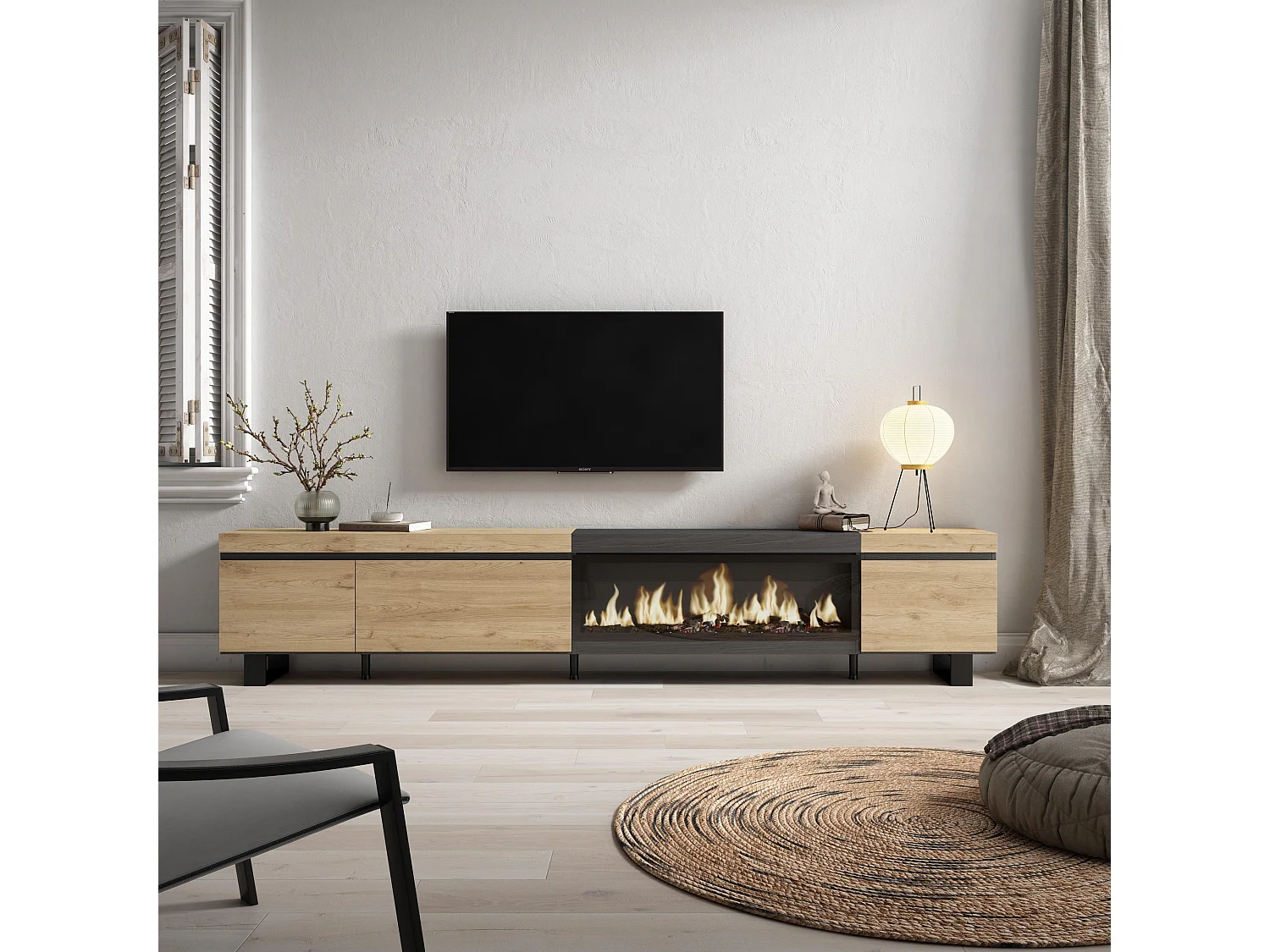 TV-Meubel, Lowboard, 288x35x57cm, Groot formaat TV, Elektrische haard XXL, Industrieel design, Eiken/Zwart