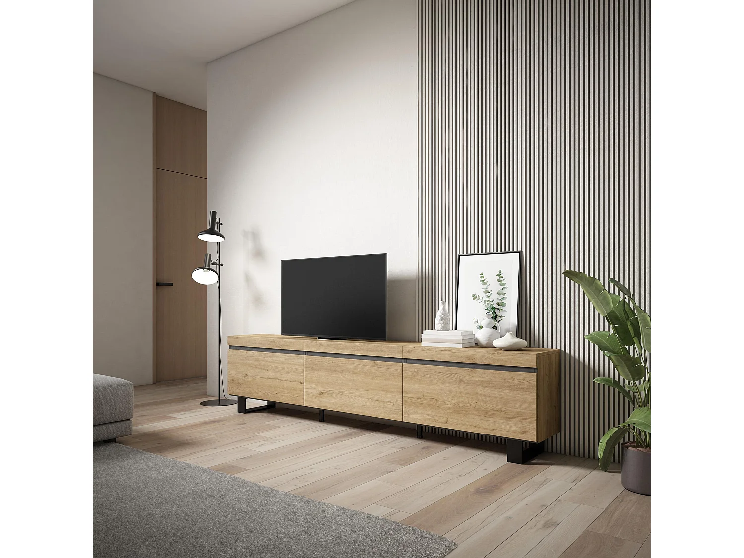 TV-Schrank, Lowboard, 240x35x57cm, Industriedesign, Eiche