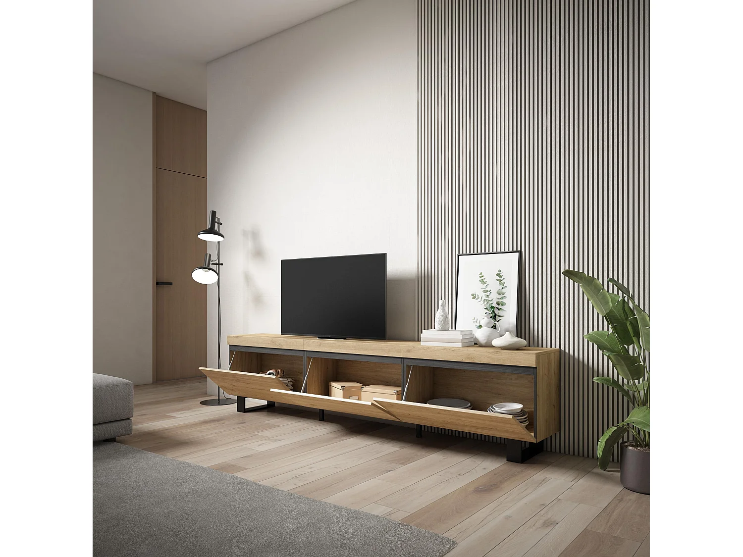 TV-Schrank, Lowboard, 240x35x57cm, Industriedesign, Eiche