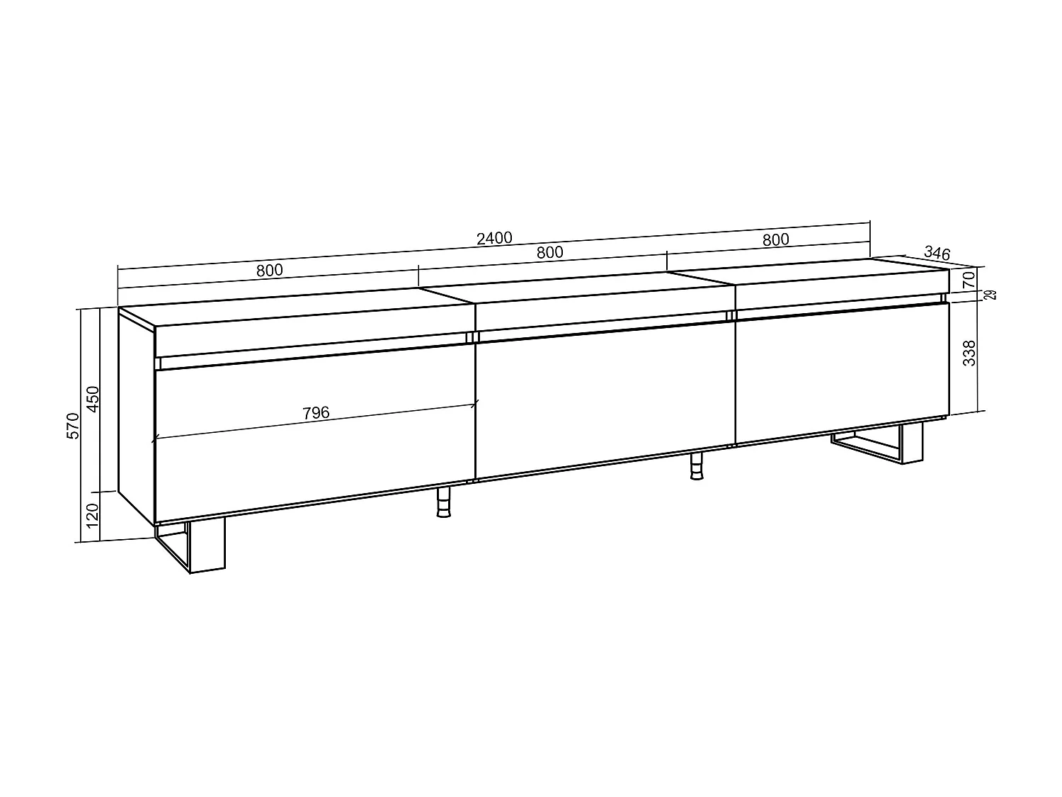 TV-Schrank, Lowboard, 240x35x57cm, Industriedesign, Eiche