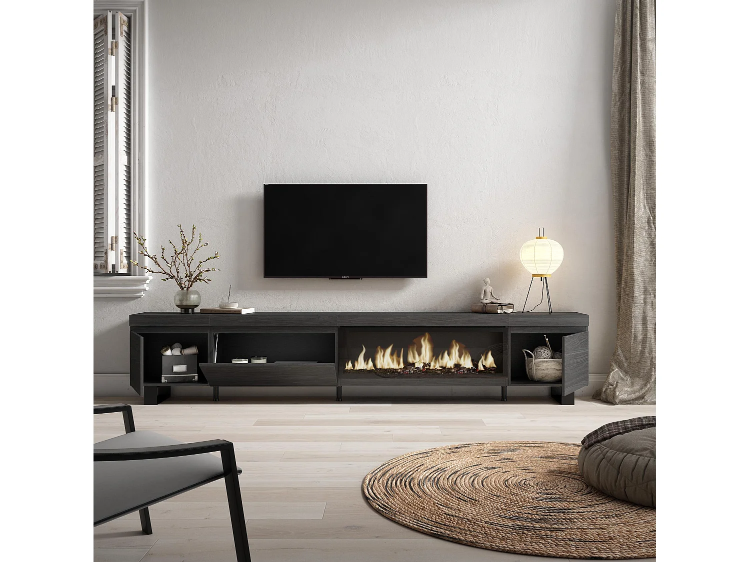 Meuble TV, Banc Télé, 288x35x57 cm, TV grand format, Cheminée électrique XXL, Design industriel, Noir