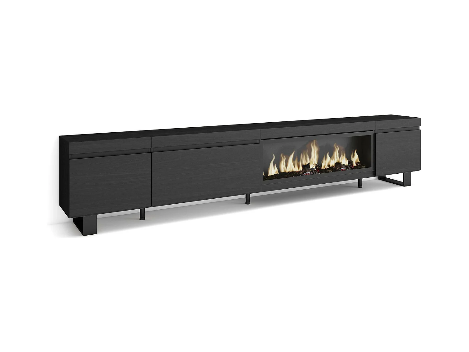 Meuble TV, Banc Télé, 288x35x57 cm, TV grand format, Cheminée électrique XXL, Design industriel, Noir