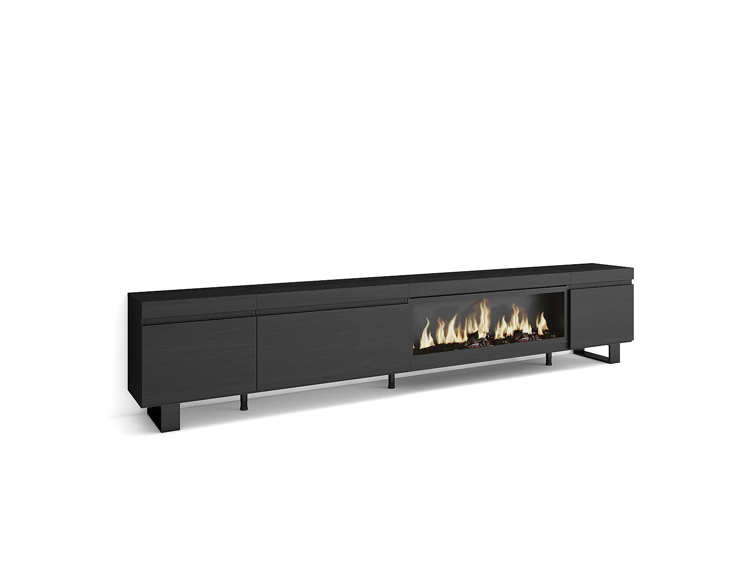 Mueble TV, Televisión, 288x35x57cm, Para TV gran formato, Chimenea eléctrica XXL, Diseño industrial, Negro