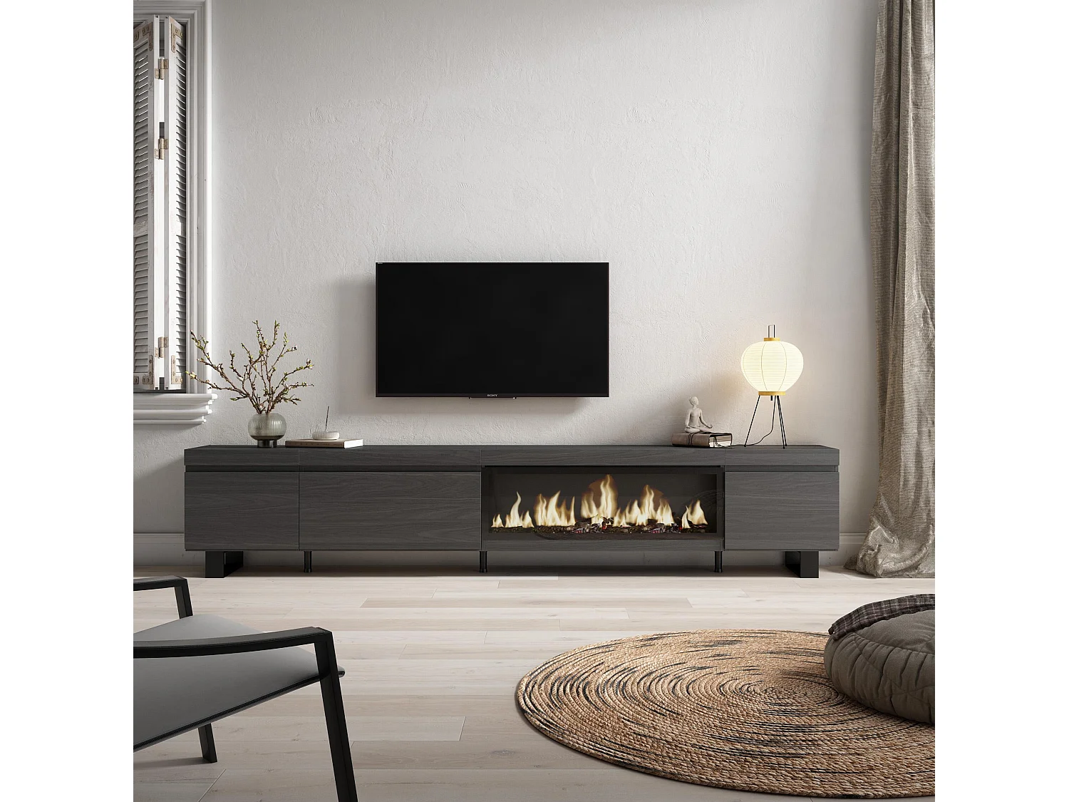 Mueble TV, Televisión, 288x35x57cm, Para TV gran formato, Chimenea eléctrica XXL, Diseño industrial, Negro