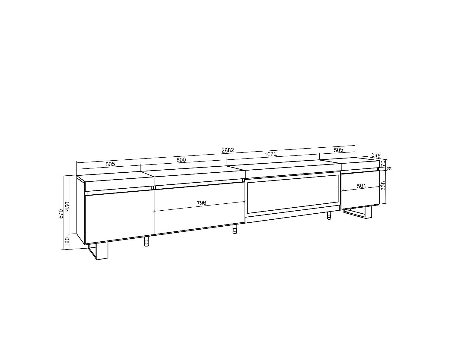 Mueble TV, Televisión, 288x35x57cm, Para TV gran formato, Chimenea eléctrica XXL, Diseño industrial, Negro