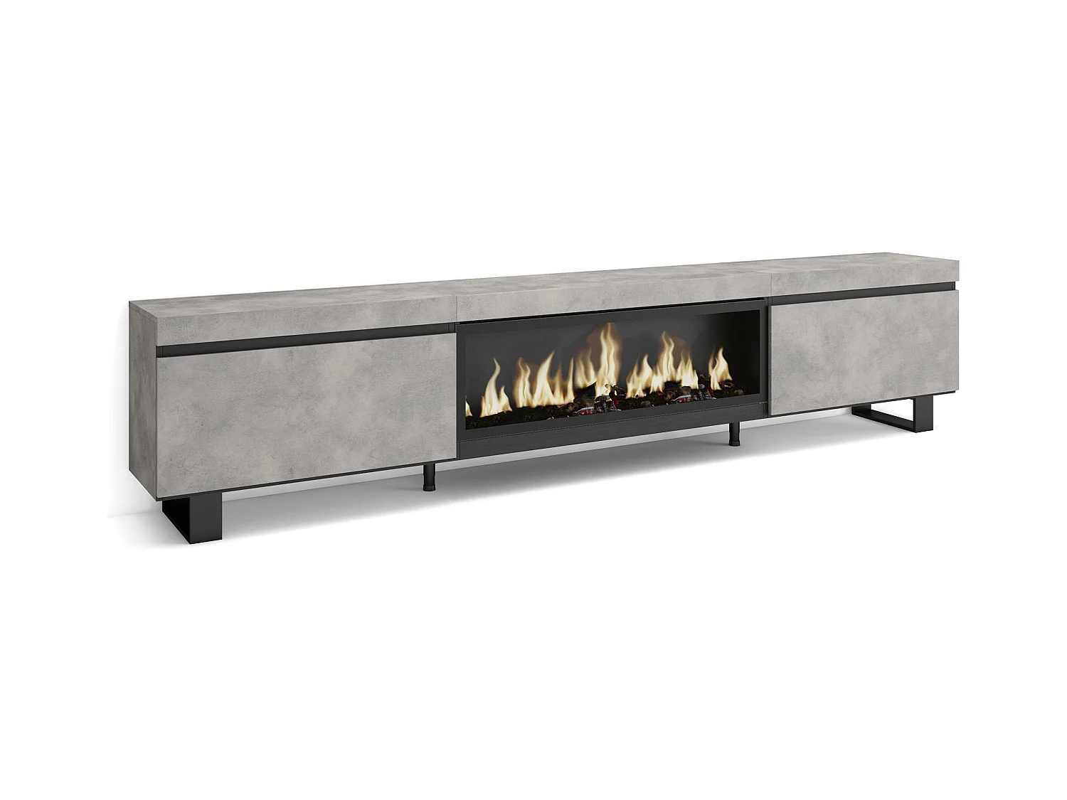 Meuble TV, Banc Télé, 267x35x57 cm, TV grand format, Cheminée électrique XXL, Design industriel, Ciment