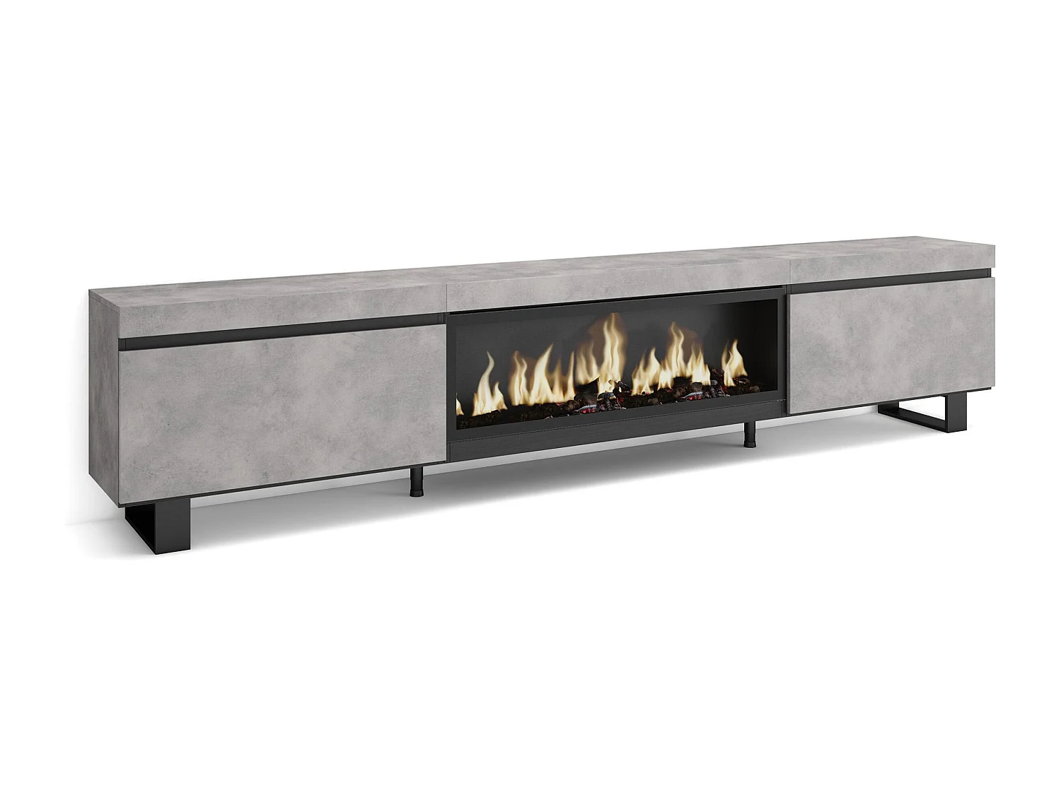 Meuble TV, Banc Télé, 267x35x57cm, TV grand format, Cheminée électrique XXL, Design industriel, Ciment