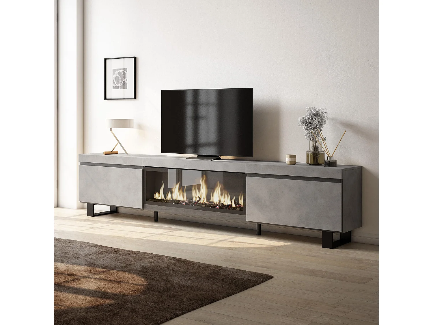 Meuble TV, Banc Télé, 267x35x57cm, TV grand format, Cheminée électrique XXL, Design industriel, Ciment