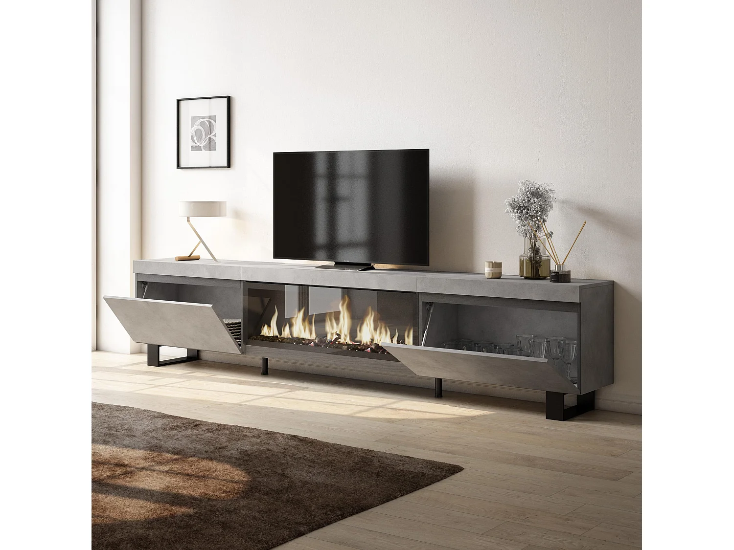 Meuble TV, Banc Télé, 267x35x57cm, TV grand format, Cheminée électrique XXL, Design industriel, Ciment