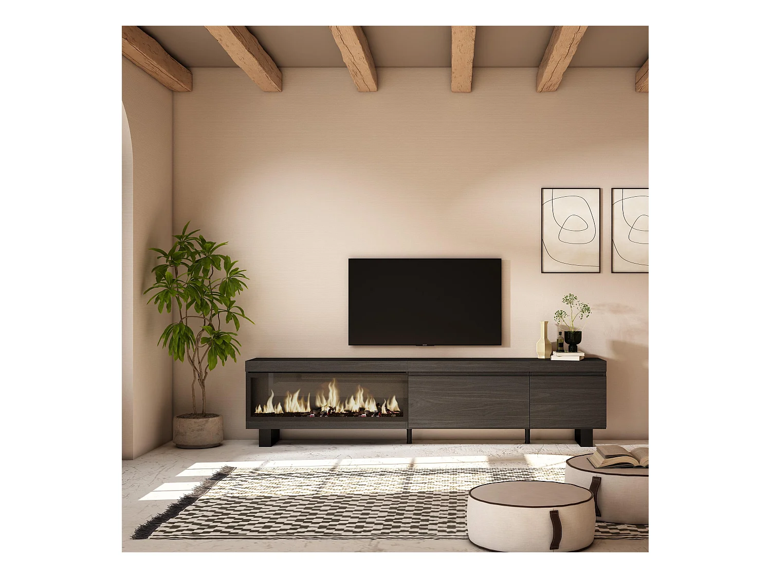 Meuble TV, Banc Télé, 237x35x57 cm, TV grand format, Cheminée électrique XXL, Design industriel, Noir