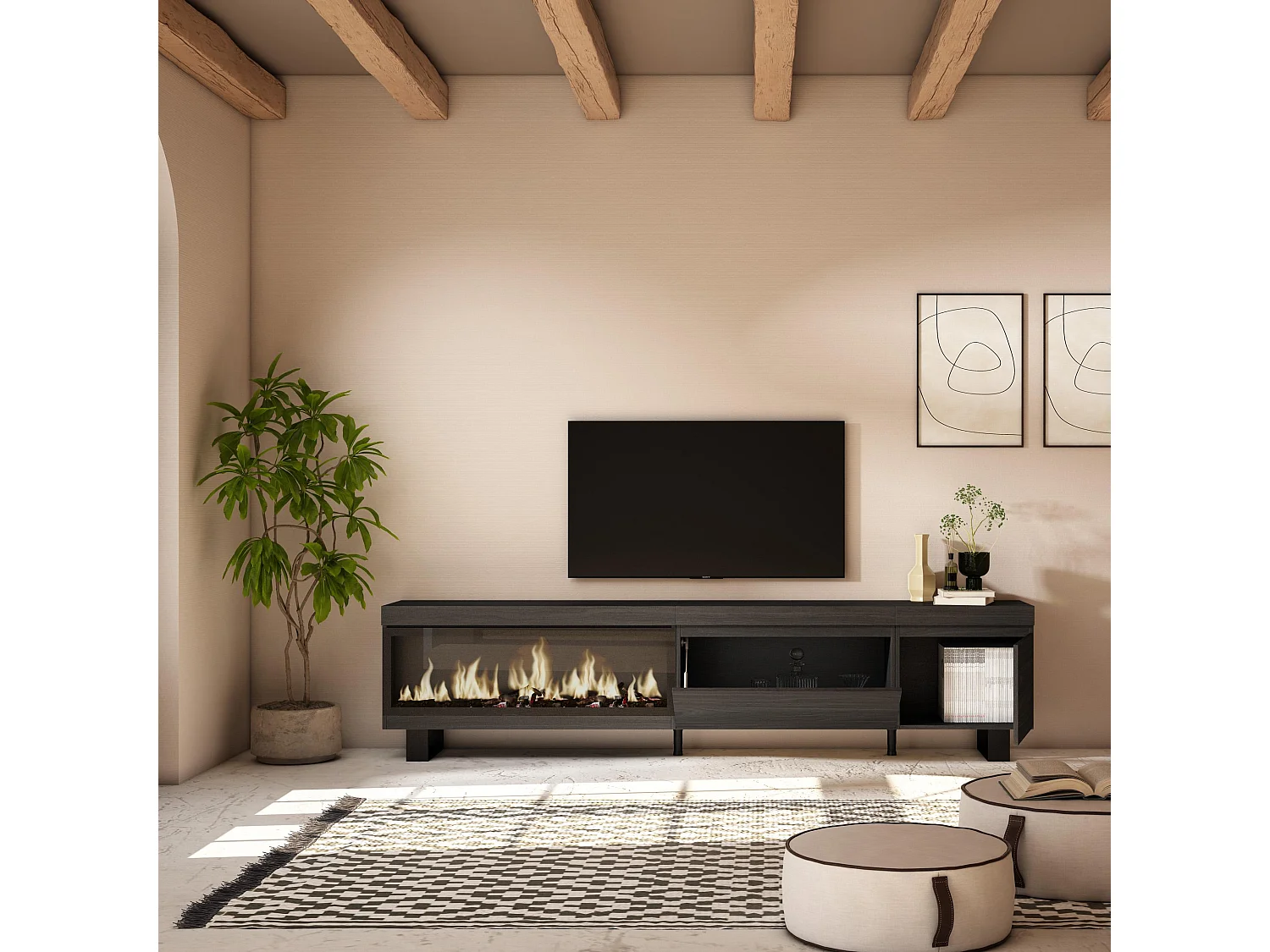 Meuble TV, Banc Télé, 237x35x57 cm, TV grand format, Cheminée électrique XXL, Design industriel, Noir