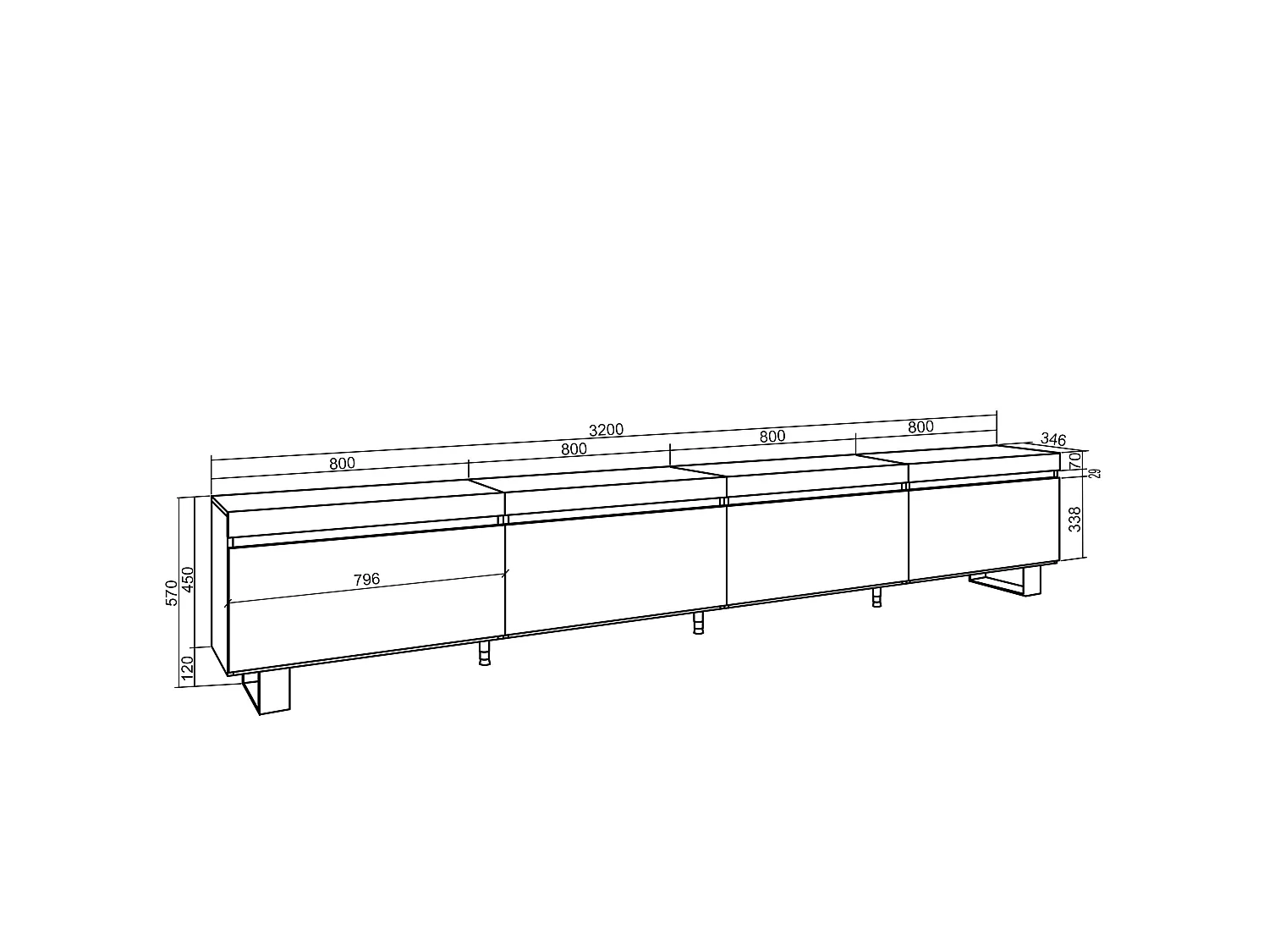 TV-Meubel, Lowboard, 320x35x57cm, Groot formaat TV, Industrieel design, Zwart