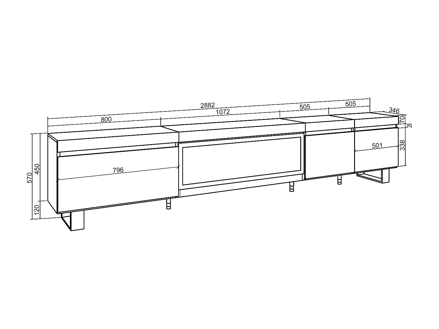 Meuble TV, Banc Télé, 288x35x57 cm, TV grand format, Cheminée électrique XXL, Design industriel, Noir