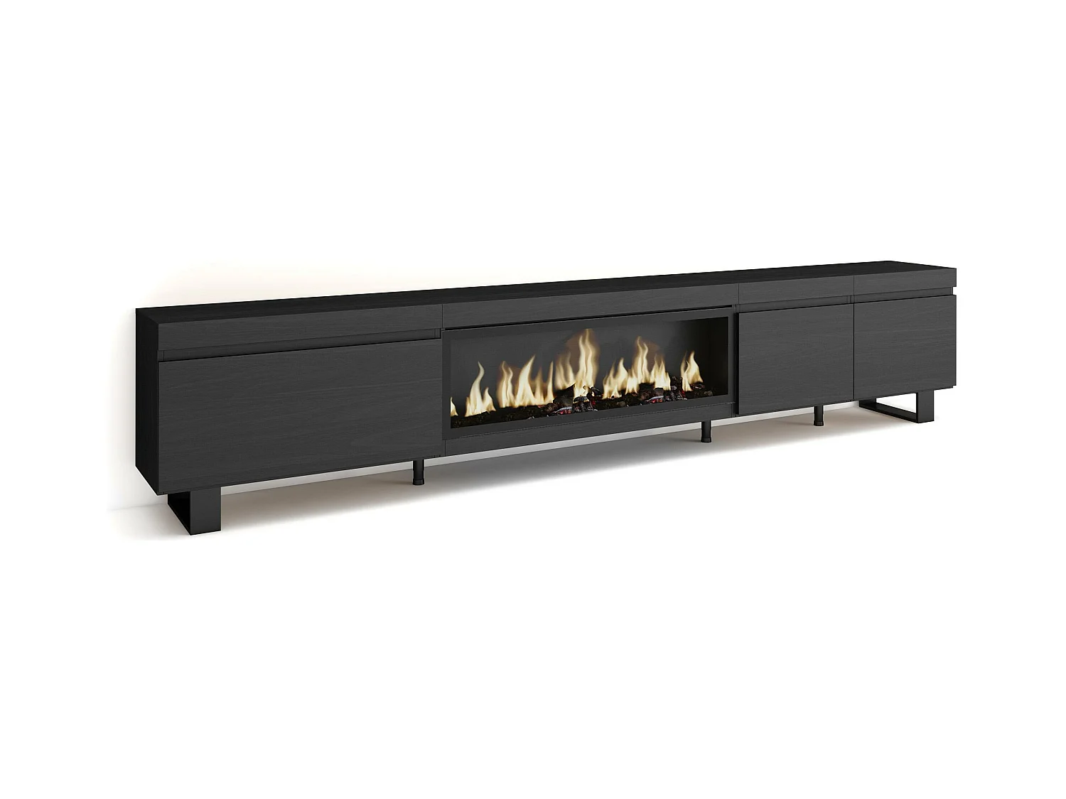 Meuble TV, Banc Télé, 288x35x57 cm, TV grand format, Cheminée électrique XXL, Design industriel, Noir