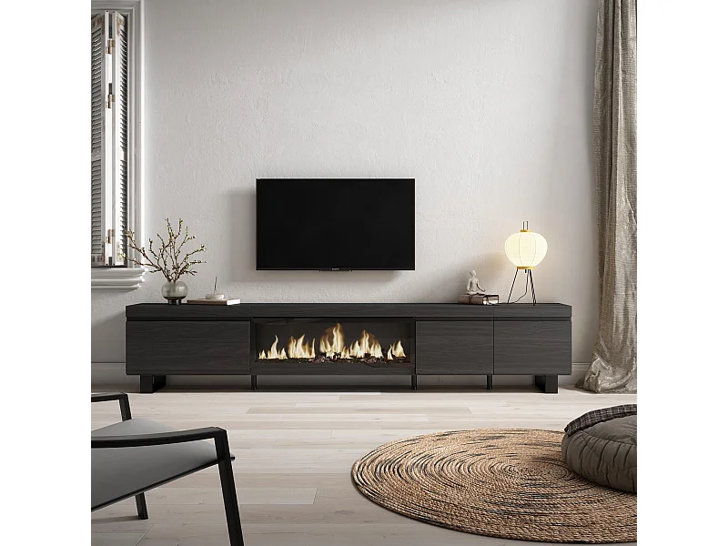 TV-Schrank, Lowboard, 288x35x57cm, Für großformatiges TV, Elektrokamin XXL, Industriedesign, Schwarz