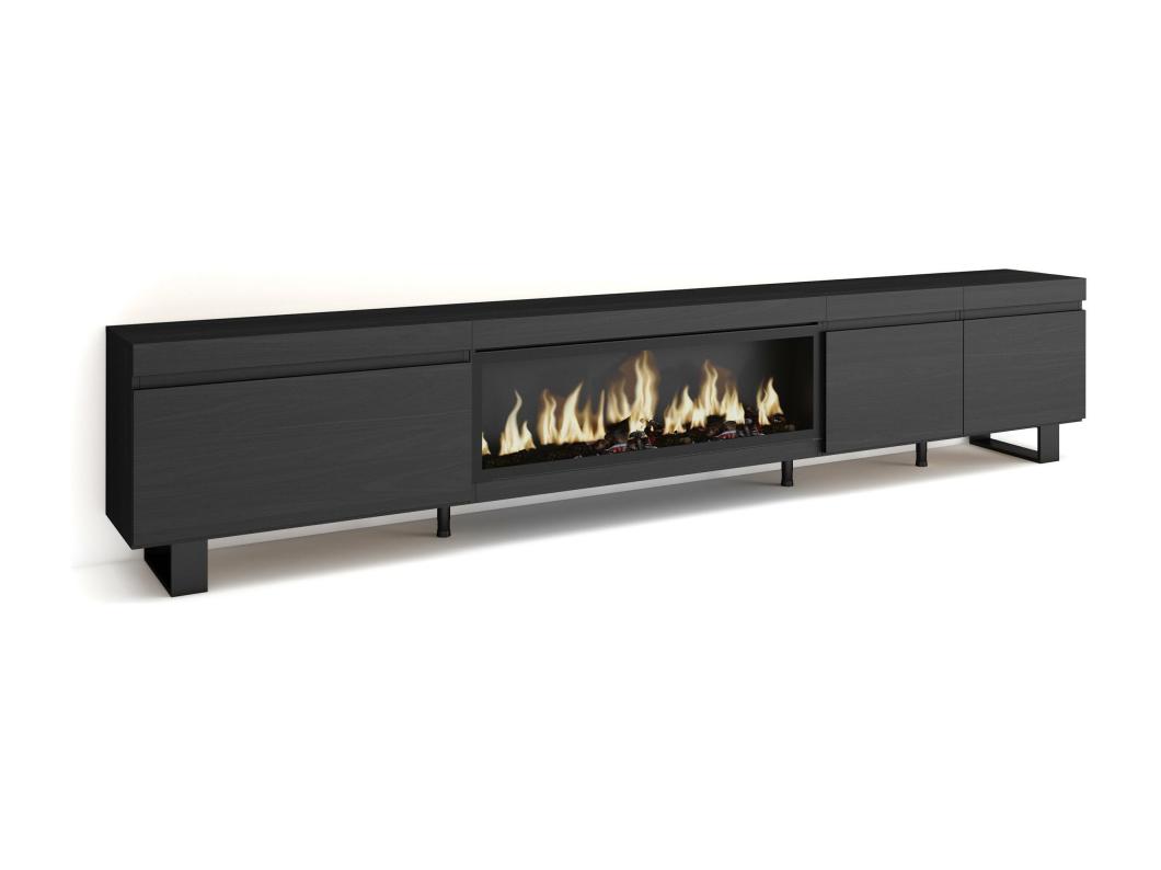 TV-Meubel, Lowboard, 288x35x57 cm, Groot formaat TV, Elektrische haard XXL, Industrieel design, Zwart